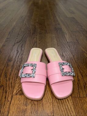 Nine West Pink Crystal-Buckle Slide Mules